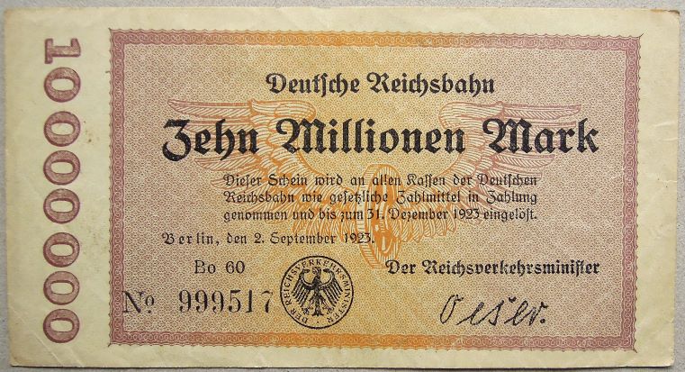 10 millió német Márka DRB német vasút kiadás 1923 Berlin