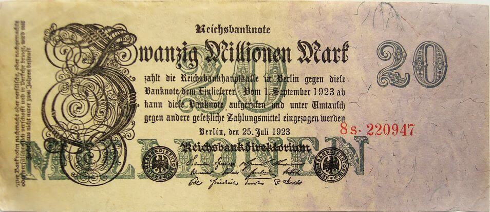 20 húsz millió német márka Berlin 1923 bankjegy papírpénz