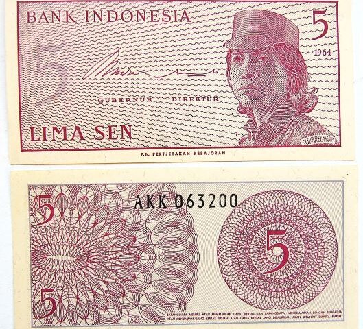 5 Lima Sen 1964 unc Indonézia bankjegy papírpénz