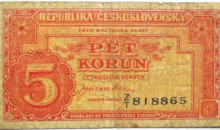 5 öt Pet Korona Csehszlovákia 1945 bankjegy papírpénz