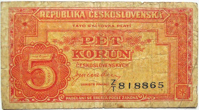 5 öt Pet Korona Csehszlovákia 1945 bankjegy papírpénz