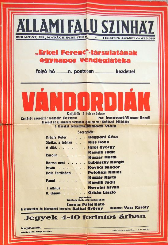 Állami Falu Színház Vándordiák Daljáték plakát poszter