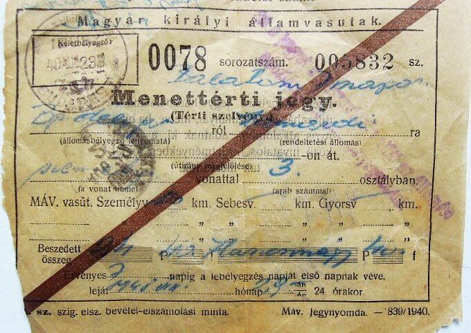 Menettérti jegy 1940 Magyar Királyi Államvasutak