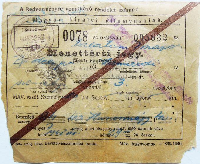 Menettérti jegy 1940 Magyar Királyi Államvasutak