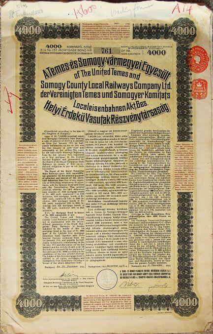 Temes Somogy vármegyei Egyesült Helyi Érdekű Vasutak RT kötvény 1913