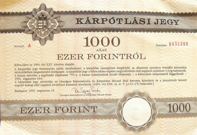 1.000 ezer Ft Kárpótlási jegy 1991