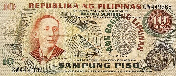 10 peso Fülöp Szigetek Sampung Piso bankjegy papírpénz